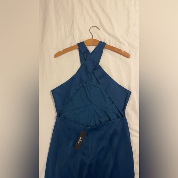 NWT Truly Picturesque Dark Teal Blue Satin Cross-Front Open Back Midi Dress - Picture 6 of 7